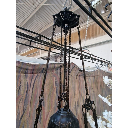 148 - Vintage Malaysian Lamp; Hanging Black Metal Lamp with Counter Balance Weight For Adjustable Height, ... 