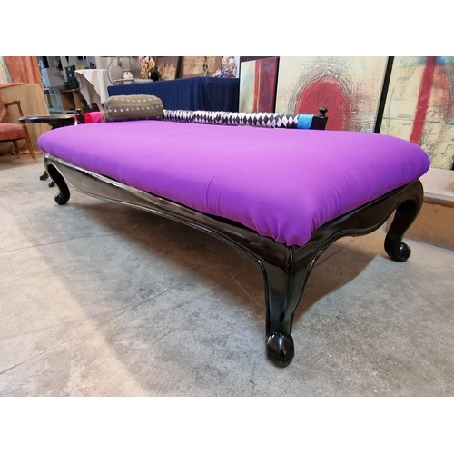 200 - Sofa / Day Bed with Black Finish Surround, Cabriole Legs and Purple Fabric Cushion