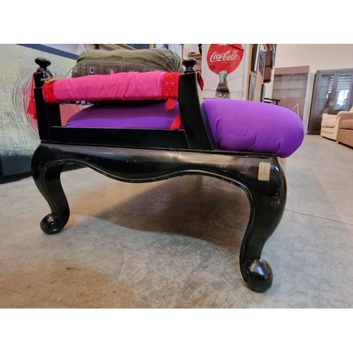 200 - Sofa / Day Bed with Black Finish Surround, Cabriole Legs and Purple Fabric Cushion