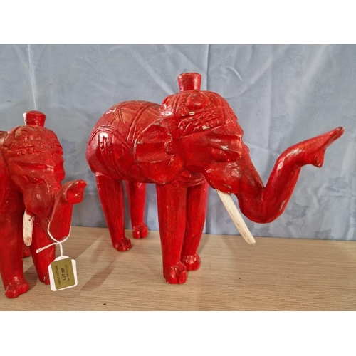 288 - 3 x Hand Carved Elephant Ornaments, 2 x Red Colour & 1 x Silver Colour Finish, (3)