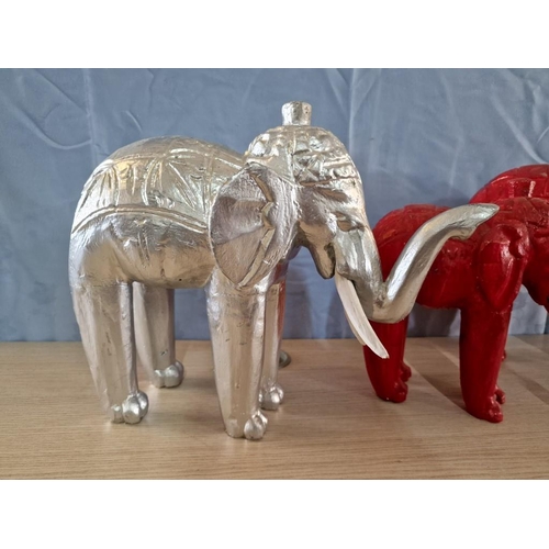 288 - 3 x Hand Carved Elephant Ornaments, 2 x Red Colour & 1 x Silver Colour Finish, (3)