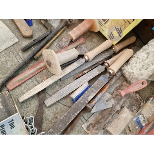 479 - Wooden Trunk / Chest with Large Qty of Tools and Hardware; Chain, Tile Cutter, Files, Chisels, Brush... 