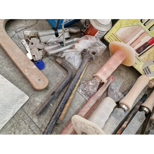 479 - Wooden Trunk / Chest with Large Qty of Tools and Hardware; Chain, Tile Cutter, Files, Chisels, Brush... 