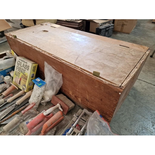 479 - Wooden Trunk / Chest with Large Qty of Tools and Hardware; Chain, Tile Cutter, Files, Chisels, Brush... 