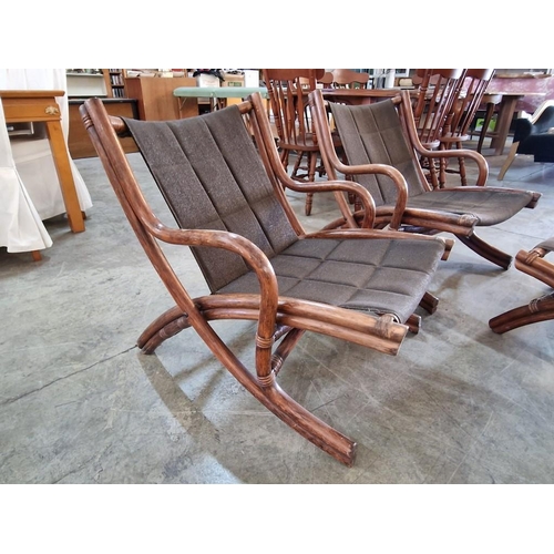 97 - Pair of Vintage Folding Bamboo / Cane Arm Chairs with Matching Foot Stool, Hand Made in Singapore wi... 