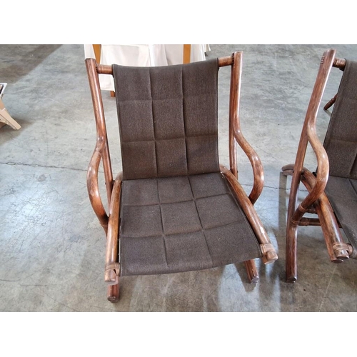 97 - Pair of Vintage Folding Bamboo / Cane Arm Chairs with Matching Foot Stool, Hand Made in Singapore wi... 