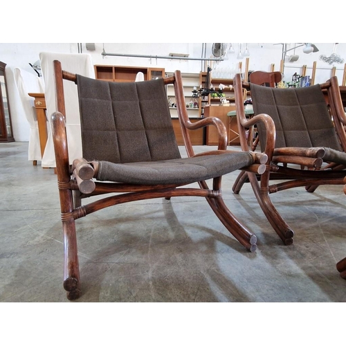 97 - Pair of Vintage Folding Bamboo / Cane Arm Chairs with Matching Foot Stool, Hand Made in Singapore wi... 