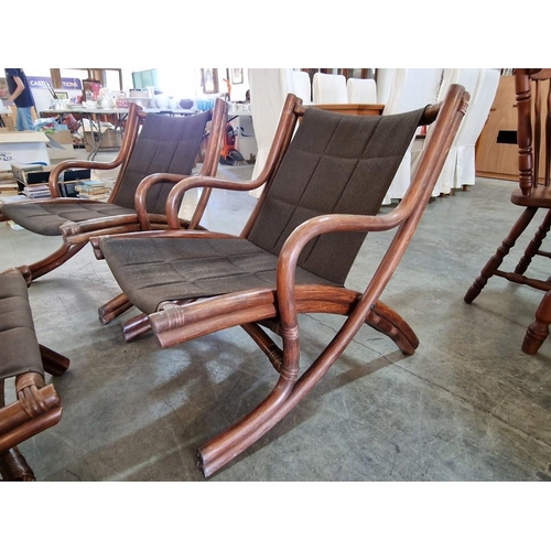 97 - Pair of Vintage Folding Bamboo / Cane Arm Chairs with Matching Foot Stool, Hand Made in Singapore wi... 