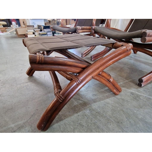 97 - Pair of Vintage Folding Bamboo / Cane Arm Chairs with Matching Foot Stool, Hand Made in Singapore wi... 