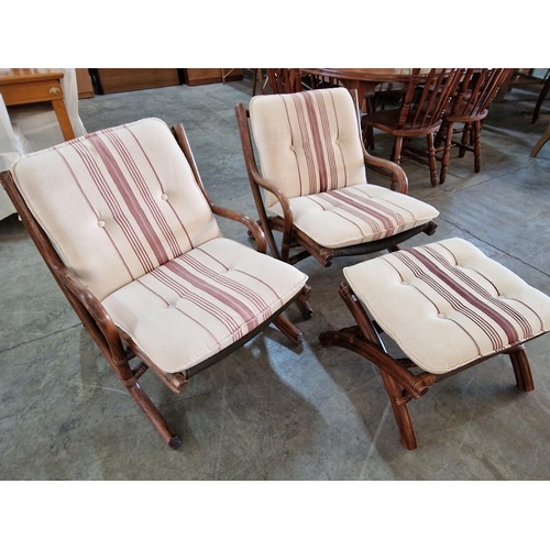 97 - Pair of Vintage Folding Bamboo / Cane Arm Chairs with Matching Foot Stool, Hand Made in Singapore wi... 