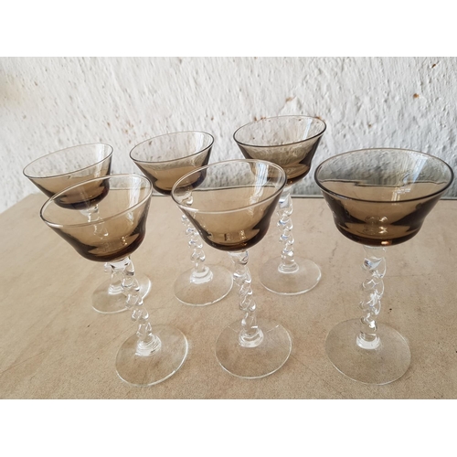 352 - Set of 6 x Modern Liquor Glasses with Smoked Glass with Twisted Clear Glass Legs