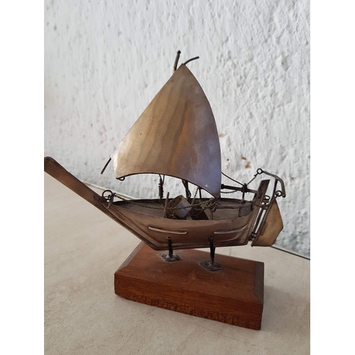 367 - Ornaments; Silver (?) Ship on Wooden Base and Cannon