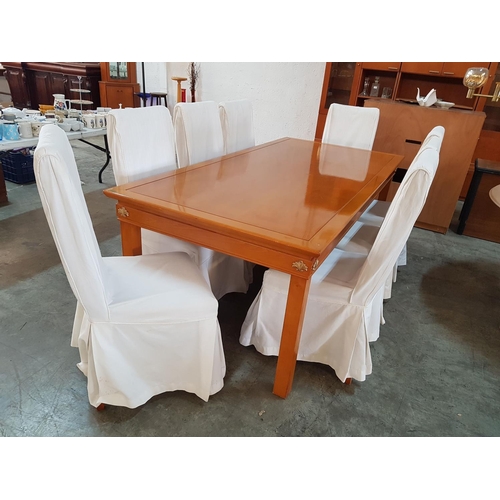 413 - Light Colour Rectangular Dinning Table with 8 x Dinning Chairs with Stripped Fabric Upholstery and W... 