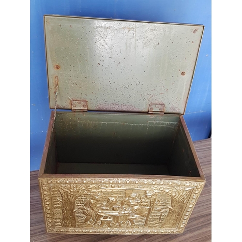 431 - Vintage Brass Firewood Box Decorative with Reliefs (Handles for Repair) (30 x 46 x 32cm)