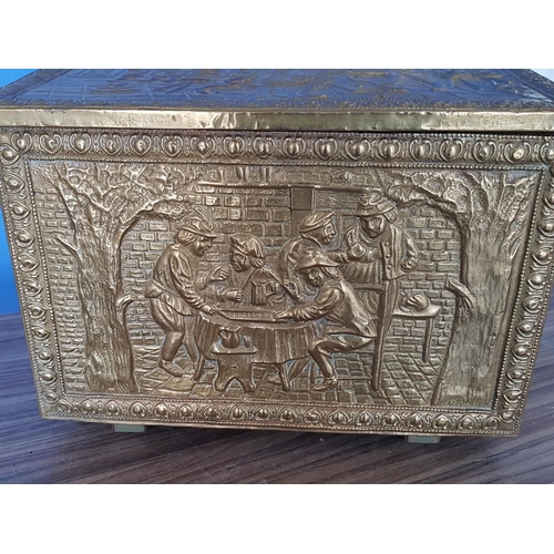 431 - Vintage Brass Firewood Box Decorative with Reliefs (Handles for Repair) (30 x 46 x 32cm)