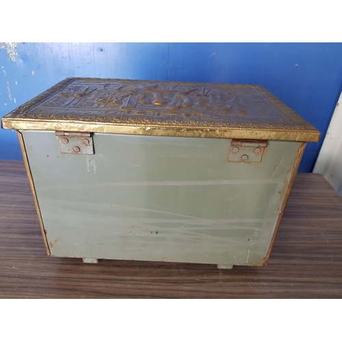 431 - Vintage Brass Firewood Box Decorative with Reliefs (Handles for Repair) (30 x 46 x 32cm)