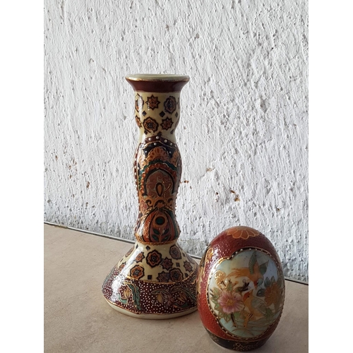 442 - Satsuma Hand Painted Candle Stick (H:22cm) and One Other Ornament (H:10cm)