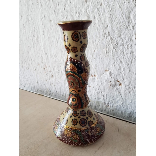 442 - Satsuma Hand Painted Candle Stick (H:22cm) and One Other Ornament (H:10cm)