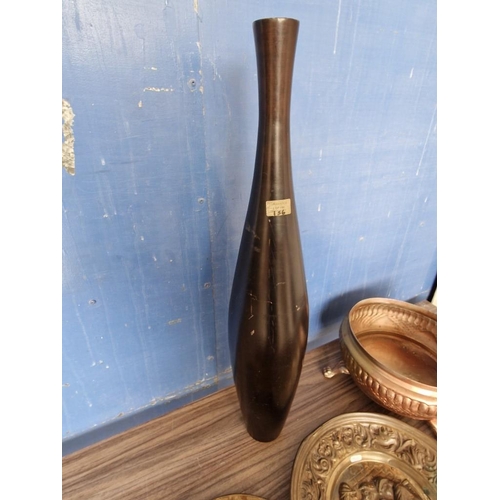 156 - Tall Wooden Vase (Approx. H: 76cm), Together with Vintage Metal 3-Footed Bowl and 3 x Metal Relief P... 