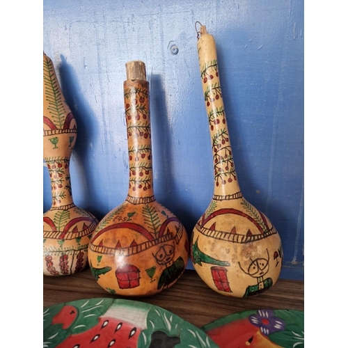 179 - 4 x Painted Wooden Round Trays with Fruit Designs, Together with 6 x Decorated / Painted Dried Gourd... 