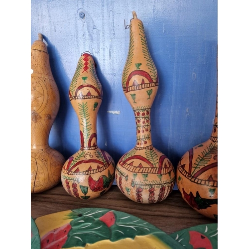 179 - 4 x Painted Wooden Round Trays with Fruit Designs, Together with 6 x Decorated / Painted Dried Gourd... 