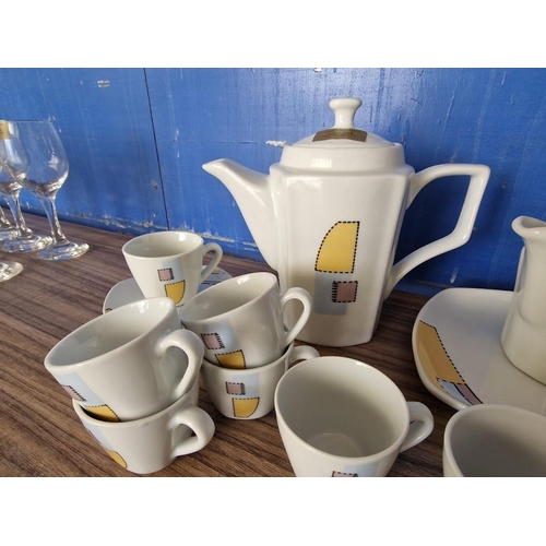 254 - Porcelain Tea & Coffee Set with Modern Angular Coloured Pattern; Tea Pot, Serving Platter, Milk Jug,... 