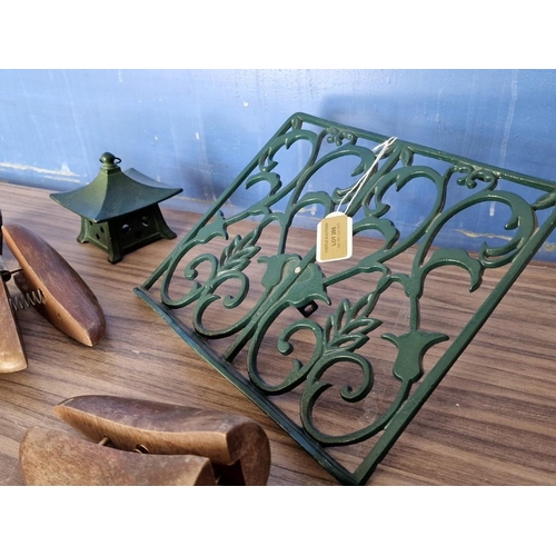 255 - Cast Iron Book Stand (Missing Base), 4 x 'Church's' Vintage Wooden Shoe Lasts and Green Metal 'Templ... 