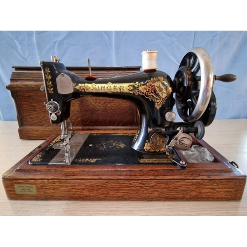 45 - Antique Singer Sewing Machine in Wooden Case; Decorative Cast Iron Manual Wind Sewing Machine, Model... 