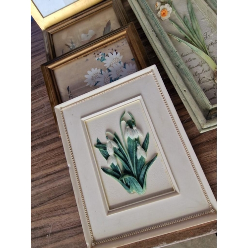 529 - Collection of Assorted Framed Pictures and Ceramic Style Wall Plaques, Mostly Flowers, (10)