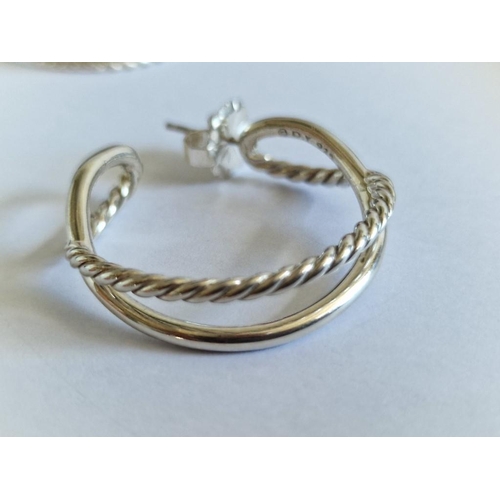 78 - David Yurman Sterling Silver 'Crossover Collection' Large Hoop Stud Earrings with Original Felt Bag ... 