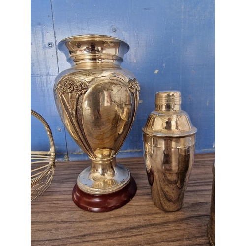 95 - Collection of White Metal Items; Vase with Wooden Base, English Tea Tin, Cocktail Shaker, Basket and... 