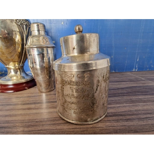 95 - Collection of White Metal Items; Vase with Wooden Base, English Tea Tin, Cocktail Shaker, Basket and... 