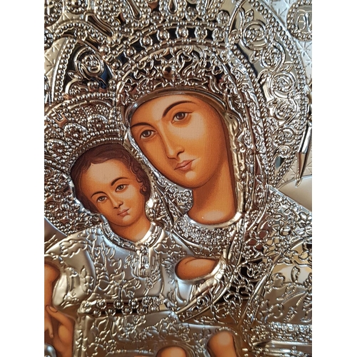 500 - Holy Icon Mother with Child Copy of Byzantine Handcraft Made with Silver .925 (26 x 32cm)