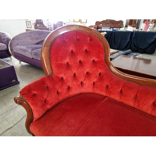 24 - Classical Style Italian Chaise Lounge with Red Button Back Studded Fabric, Scroll Arm and Front Cabr... 