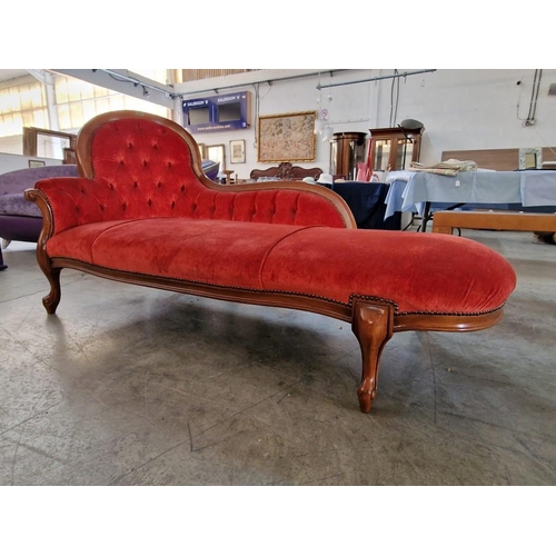 24 - Classical Style Italian Chaise Lounge with Red Button Back Studded Fabric, Scroll Arm and Front Cabr... 