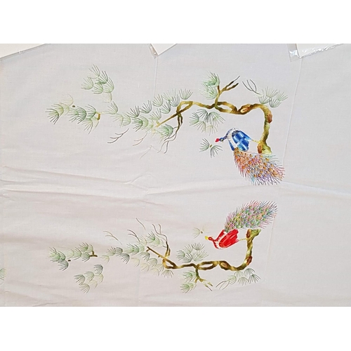 165 - Hand Embroidered Cotton Rectangular Tablecloth (295 x 105cm) with Peacock Pattern and 12 x Matching ... 