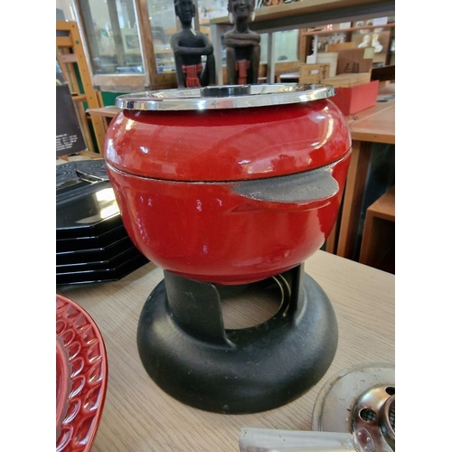 728 - Cast Iron Fondue (Nb. Burner May Wrong Size?), Together with Qty of Plates and Bowls