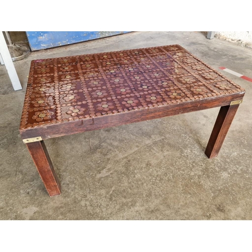 736 - Rectangular Wooden Coffee Table with Decorative Arrangement of Cypriot Coin Top, (Approx. 52 x 75 x ... 