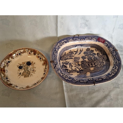 739 - Antique Porcelain Deep Dish in Blue & White Oriental Pattern, (Approx. 33 x 26 x 6cm), Together with... 