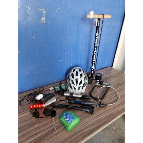 740 - Collection of Bicycle Accessories; Lezyne High Volume Pump, 2 x Bike Locks, Giro Helmet, Cyclist Fir... 