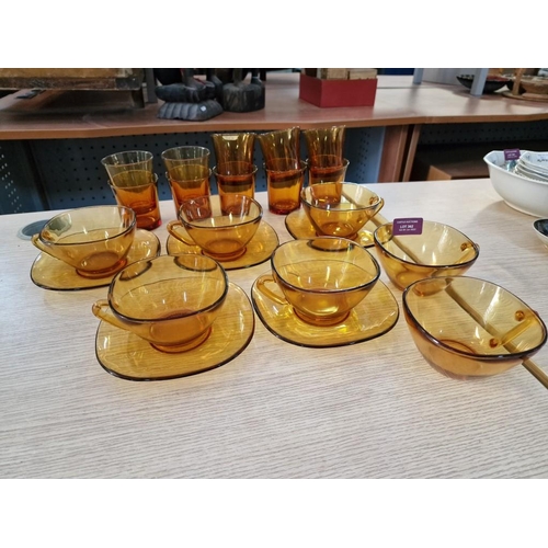 751 - Collection of Retro Orange Glassware; 7 x Cups, 5 x Saucers and 10 x Glasses by 'Vereco, France'