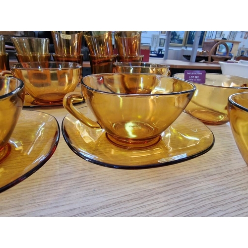 751 - Collection of Retro Orange Glassware; 7 x Cups, 5 x Saucers and 10 x Glasses by 'Vereco, France'