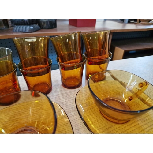 751 - Collection of Retro Orange Glassware; 7 x Cups, 5 x Saucers and 10 x Glasses by 'Vereco, France'