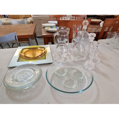 756 - Collection of Glassware; Jugs, Decanter, Candlesticks, Tray, Plates, etc