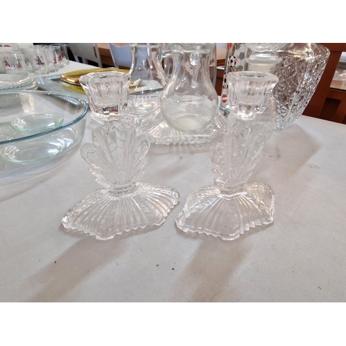 756 - Collection of Glassware; Jugs, Decanter, Candlesticks, Tray, Plates, etc