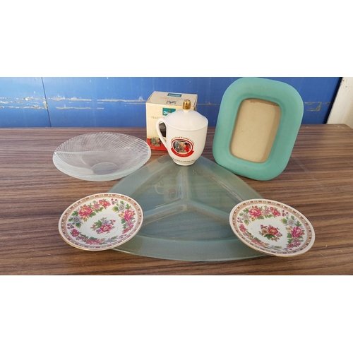 767 - Collection of Assorted Items; Small Saucers, Glass Bowl and Triangle Dish, Ceramic Frame and Mug