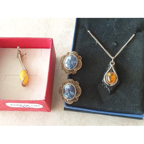 769 - Silver (.925) Necklace with Decorative Amber Pendant, Set in Silver with Black Stone(?) Backing, Tog... 