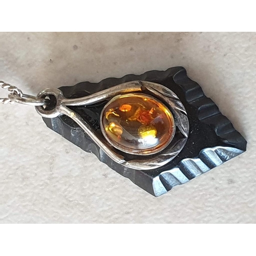 769 - Silver (.925) Necklace with Decorative Amber Pendant, Set in Silver with Black Stone(?) Backing, Tog... 