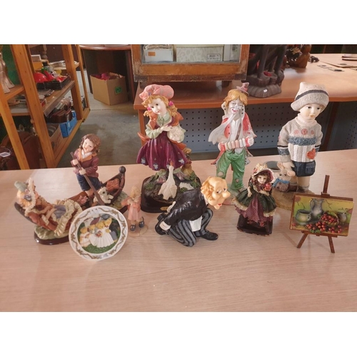 776 - Collection of Figurines and Ornaments; Clown, Girl with Goose, Boy with Rabbit, Couple in Boat, Dumb... 