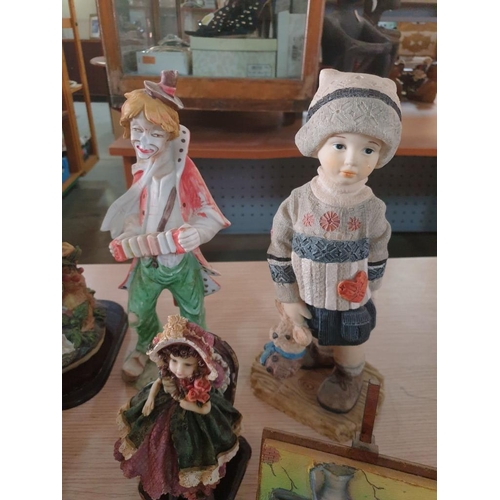 776 - Collection of Figurines and Ornaments; Clown, Girl with Goose, Boy with Rabbit, Couple in Boat, Dumb... 